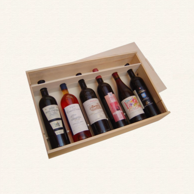 Bild Weinkiste mit Guillotinen fuer sechs Flaschen nebeneinander
